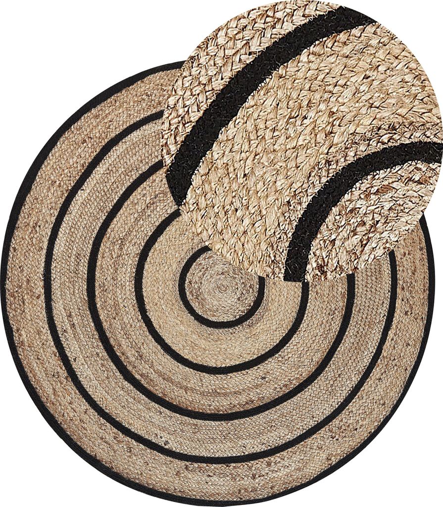 BELIANI Teppich Beige Schwarz Jute 140 x 140 cm Kurzflor Spiralen Muster Maschinengewebt Rund