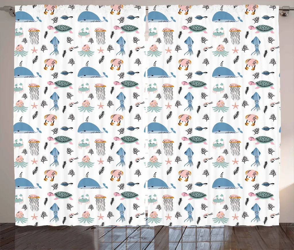 ABAKUHAUS Tenda rustica in stile nautico, animali marini sottomarini, tenda con passanti e ganci per camera da letto, 280 x 175 cm, multicolore