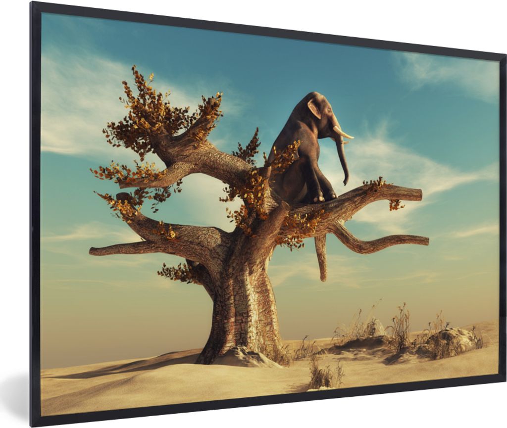 MuchoWow Gerahmtes Poster Elefant - Baum - Natur - Wüste 90x60 cm - Poster mit Schwarzem Bilderrahmen Wandposter Rahmen Foto Bilder - Fotorahmen...