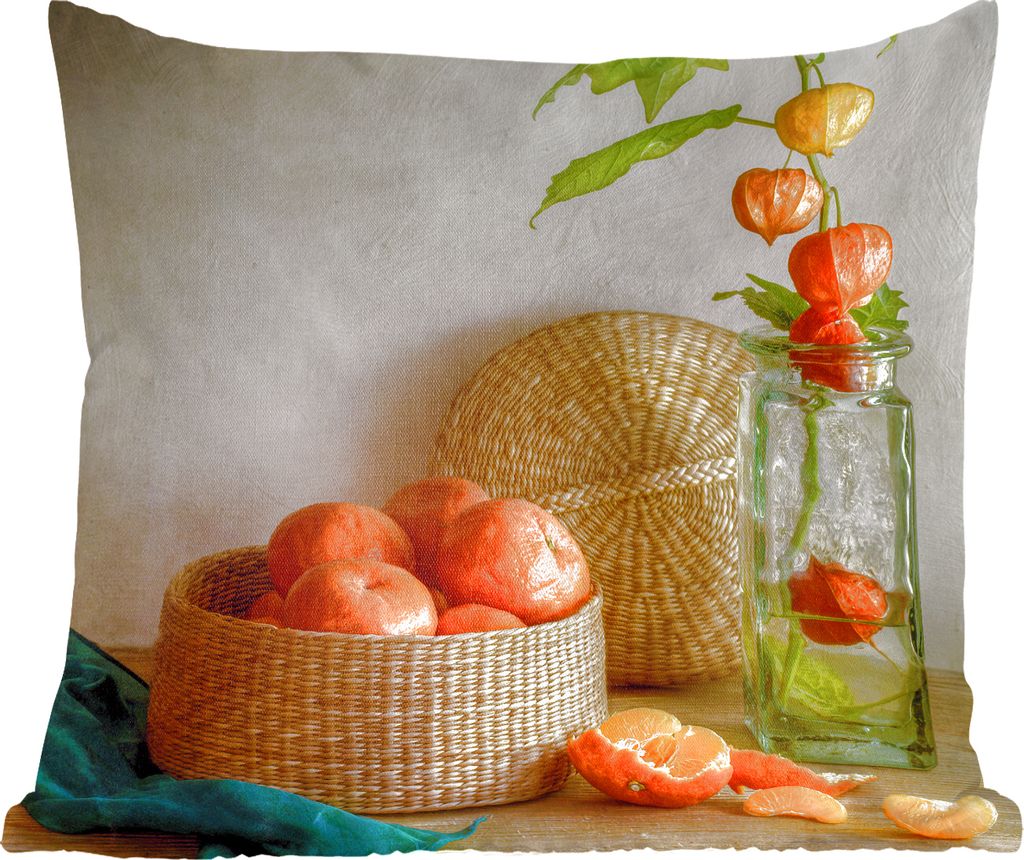 MuchoWow Zierkissen Sofakissen Wohnzimmer Dekokissen 60x60 cm Mandarine - Stilleben - Vase - Sitzfläche - Foto Polster