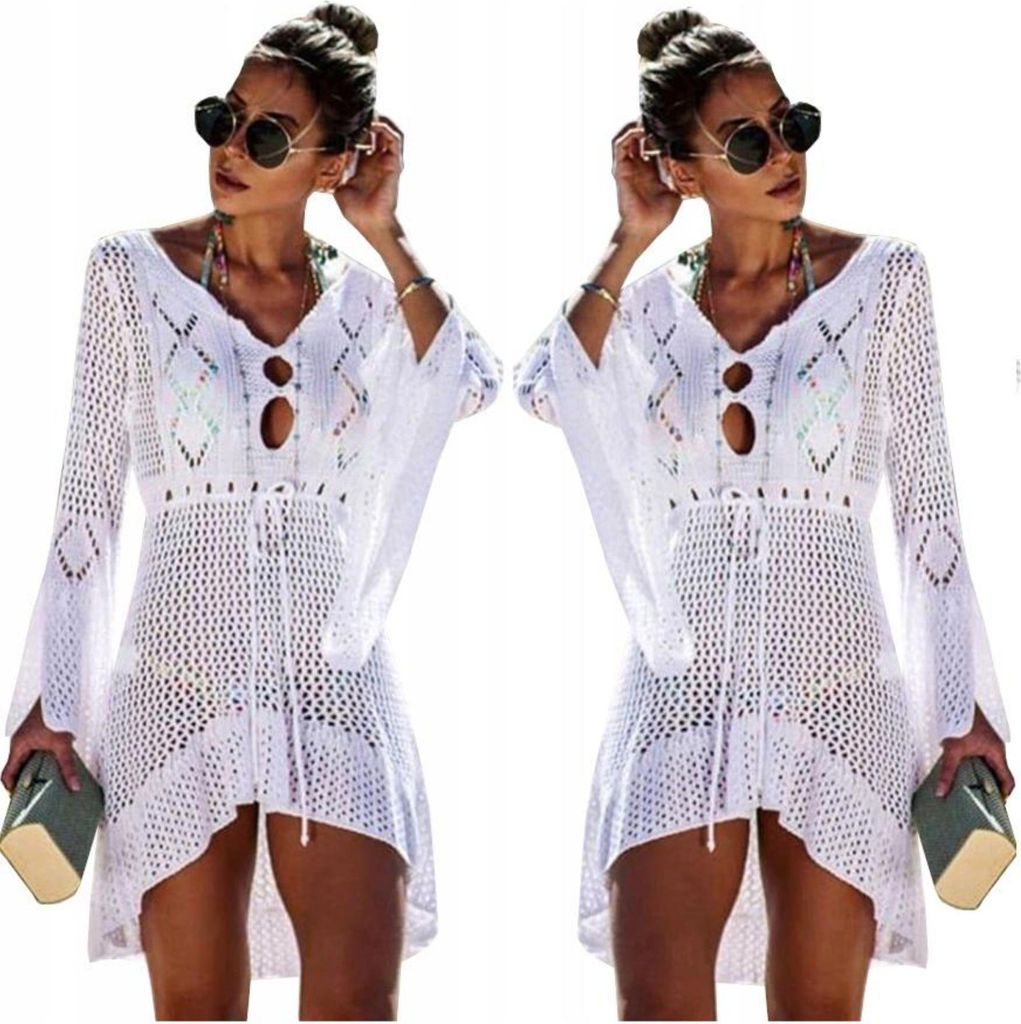 Kleid - Sommerkleid - Strand-Pareo - Luftige, leichte Tunika mit Spitze - Asymmetrisch - Weiß - Einheitsgröße