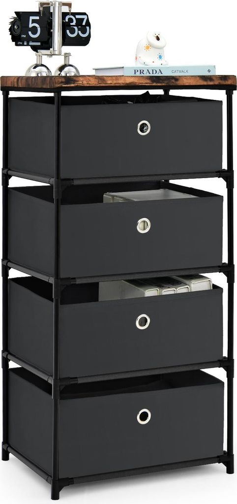 Aufbewahrungskommode mit 4 faltbaren Stoffschubladen, 42 x 32 x 84 cm, Nachttisch mit Metallrahmen, Kommode für Schlafzimmer, Wohnzimmer, Schwarz