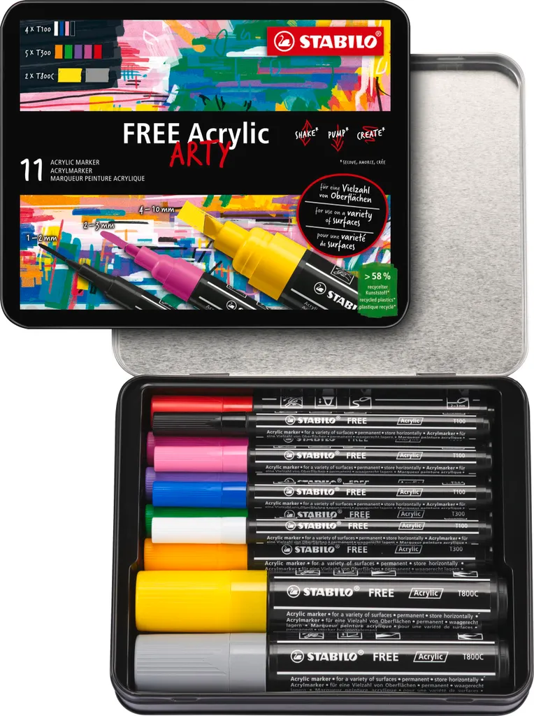Marcatore acrilico STABILO FREE Acrylic - set iniziale 11 pezzi con 3 punte diverse - mix di colori