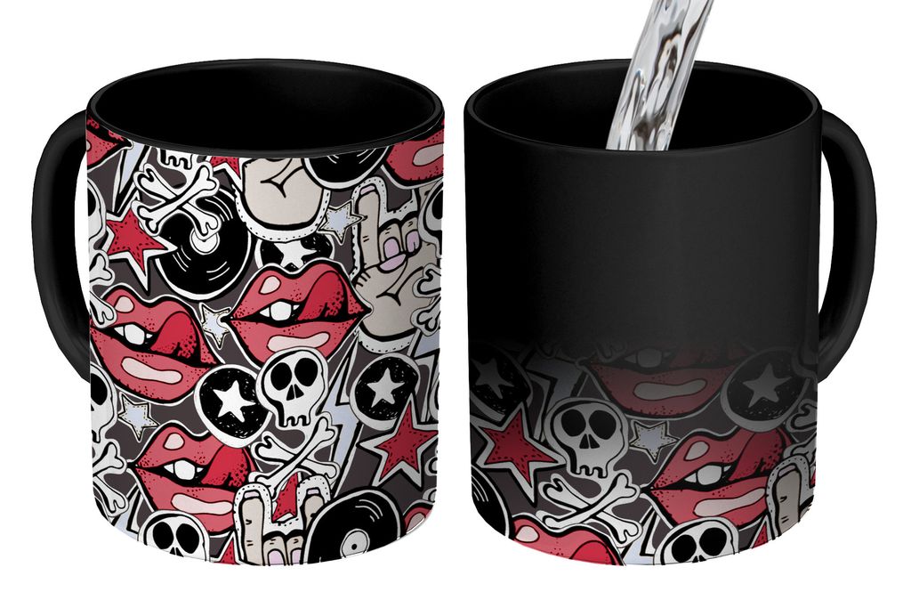 KitchenYeah Zauber Tasse Zaubertasse Magic Rock - Rock 'n' Roll - Muster - Schädel 350 ml Farbwechsel Becher Geschenk Geschenkidee - Magic-Tasse...