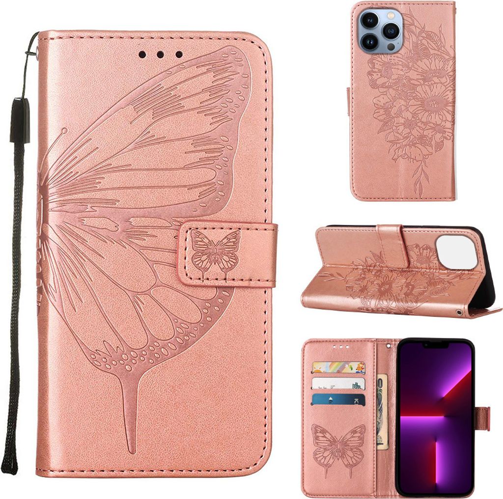 iPhone 13 Pro Hülle, Schmetterling Prägung Flip Leder Kartenfächer Schutzhülle Ledertasche mit Ständer für iPhone 13 Pro Roségold