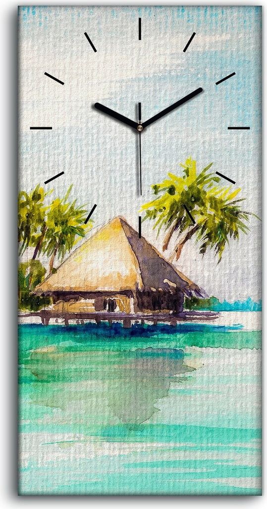 Wanduhr Leinwand Bild Uhr Quarz 30x60 Landschafts Meer Bungalow Insel Hütte - schwarze Hände