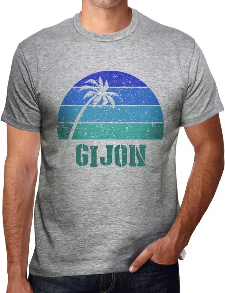 Herren Grafik T-Shirt Palme Strand Sonnenuntergang in Gijon – Palm, Beach, Sunset In Gijon – Öko-Verantwortlich Vintage Jahrgang Kurzarm Lusti...
