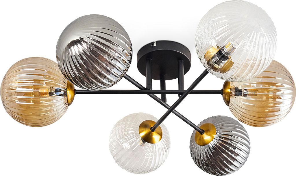 Isorella Deckenlampe aus Metall/Riffelglas in Schwarz/Gold/Klar/Bernstein