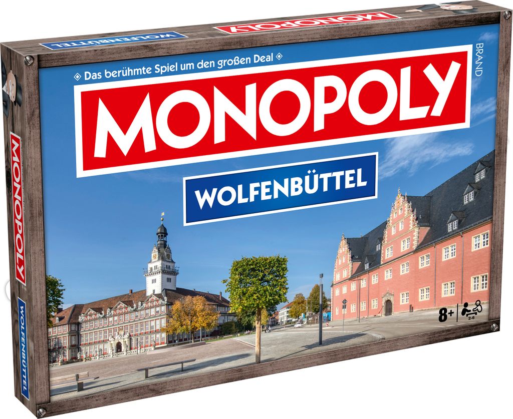The image shows the front of a Monopoly board game box featuring the city of Wolfenbüttel.
