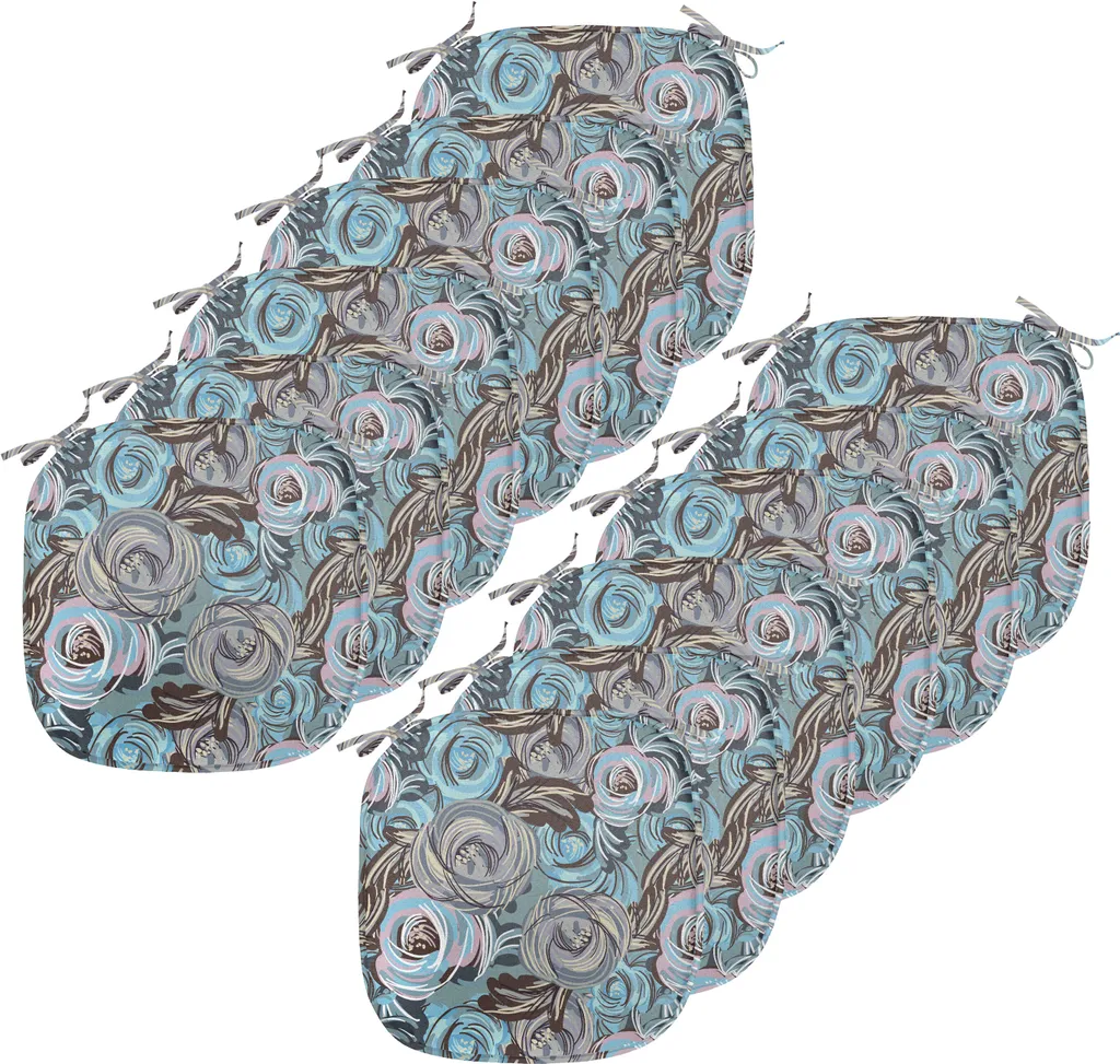 ABAKUHAUS Cuscini artistici da giardino per sedie da sala da pranzo, fiori astratti, cuscini decorativi impermeabili con cinturini per sedie da cucina, 40 cm x 40 cm - confezione da 12, blu cadetto, rosa chiaro, grigio