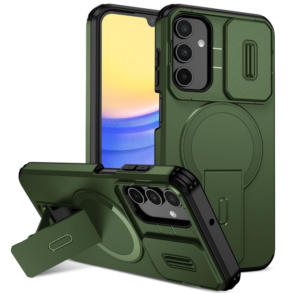 Magnetisch Hülle für Samsung Galaxy A15 5G/4G, Dual Layer Stoßfest Handyhülle mit Dia Kameraschutz, Verstellbarem Ständer Grün