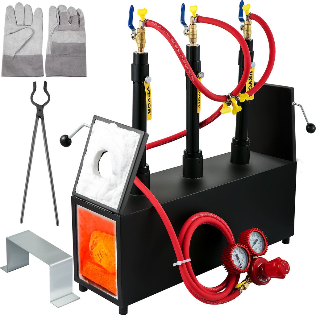 A black gas forge with three burners, a pair of gloves, tongs, and a metal stand are arranged on a white background.