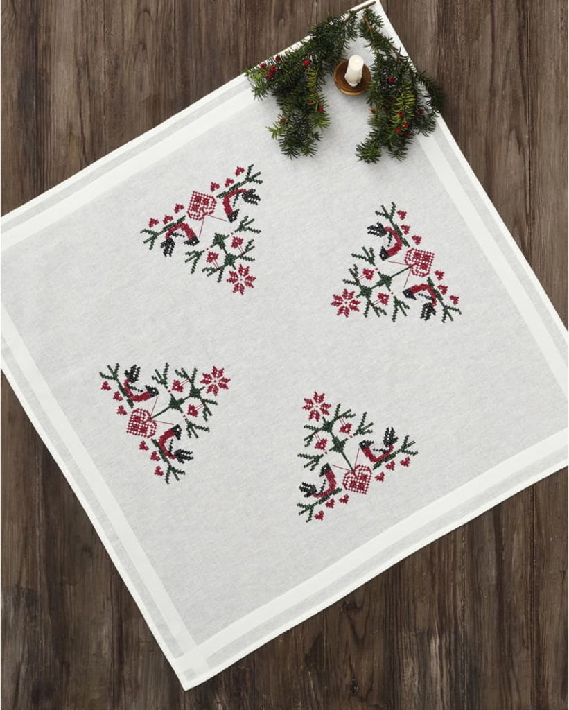 Permin Tischdecke Kreuzstich Stickpackung "Vögel mit Herzen", Stickbild gedruckt, 80x80cm