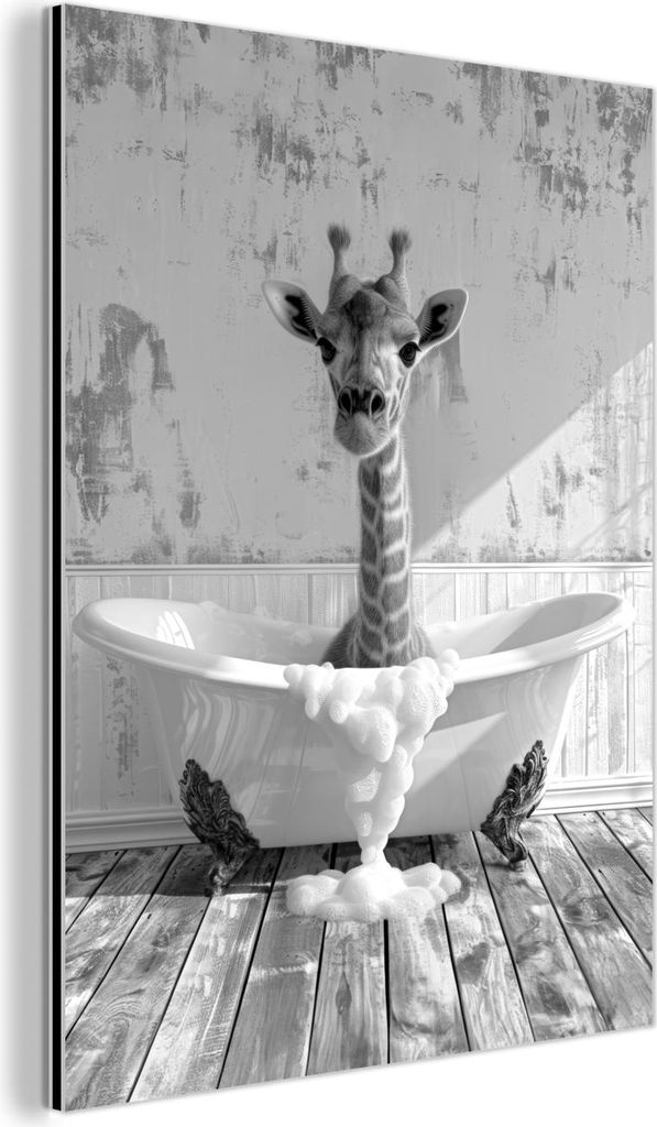 MuchoWow Wanddekoration Metall Metallbild Wandkunst 60x80 cm Giraffe - Tier - Badewanne - Vintage - Schwarz - Weiß MuchoWow Aluminium Gemälde - W...