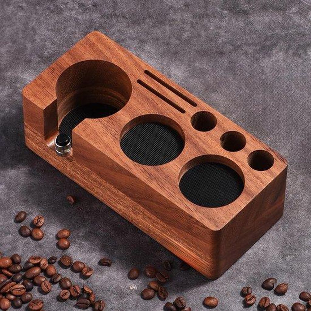 LingTing Walnuss-Tamper-Station für Filter, Espresso-Tamper-Station 58 mm aus massivem Walnussholz – Barista-Arbeitsstation mit rutschfester Unt...