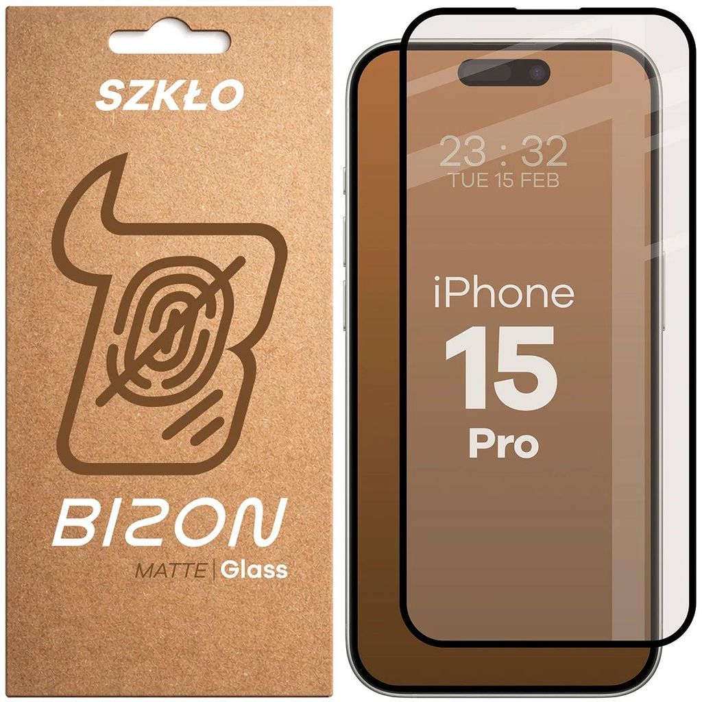 Mattes Hartglas für iPhone 15 Pro, Bizon Glass Matte, Schwarzer Rahmen