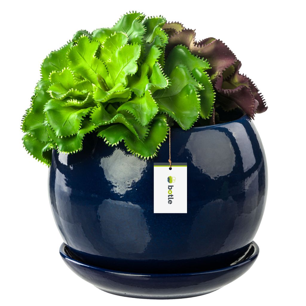 Blumentopf Blumenübertopf dunkel blau Kugel Blumenschale mit Untersetzer Rund BxH 140 mm x 130 mm Oberfläche Glanz Keramik Modern Glamour