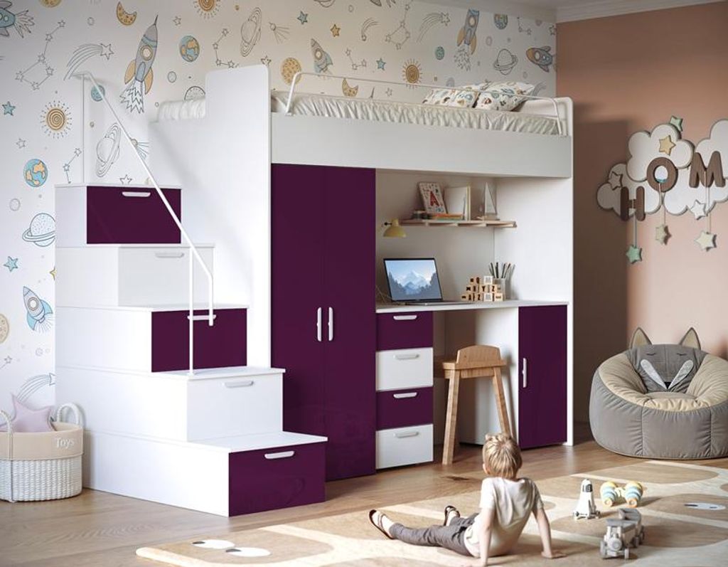 Etagenbett TOMI 4s, Hochglanz Kinderbett Hochbett, MIT Matratze und Lattenrost (Weiss + Violett, Glanz)