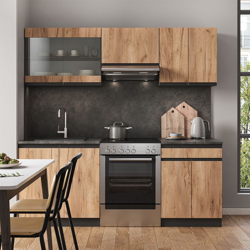 Cuisine R-Line, 200 cm sans plan de travail, Chêne doré/anthracite