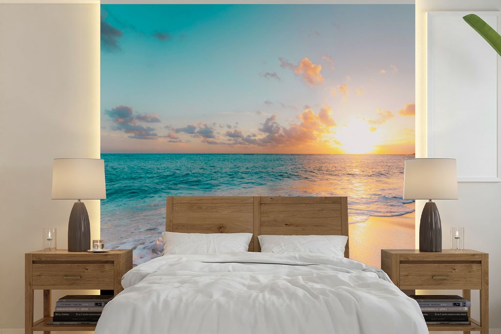 MuchoWow Fototapete für Wohnzimmer oder Schlafzimmer Wandtapete Vinyl Motivtapete Sonnenuntergang - Strand - Meer - Sommer - Blau - 280x280 cm -...