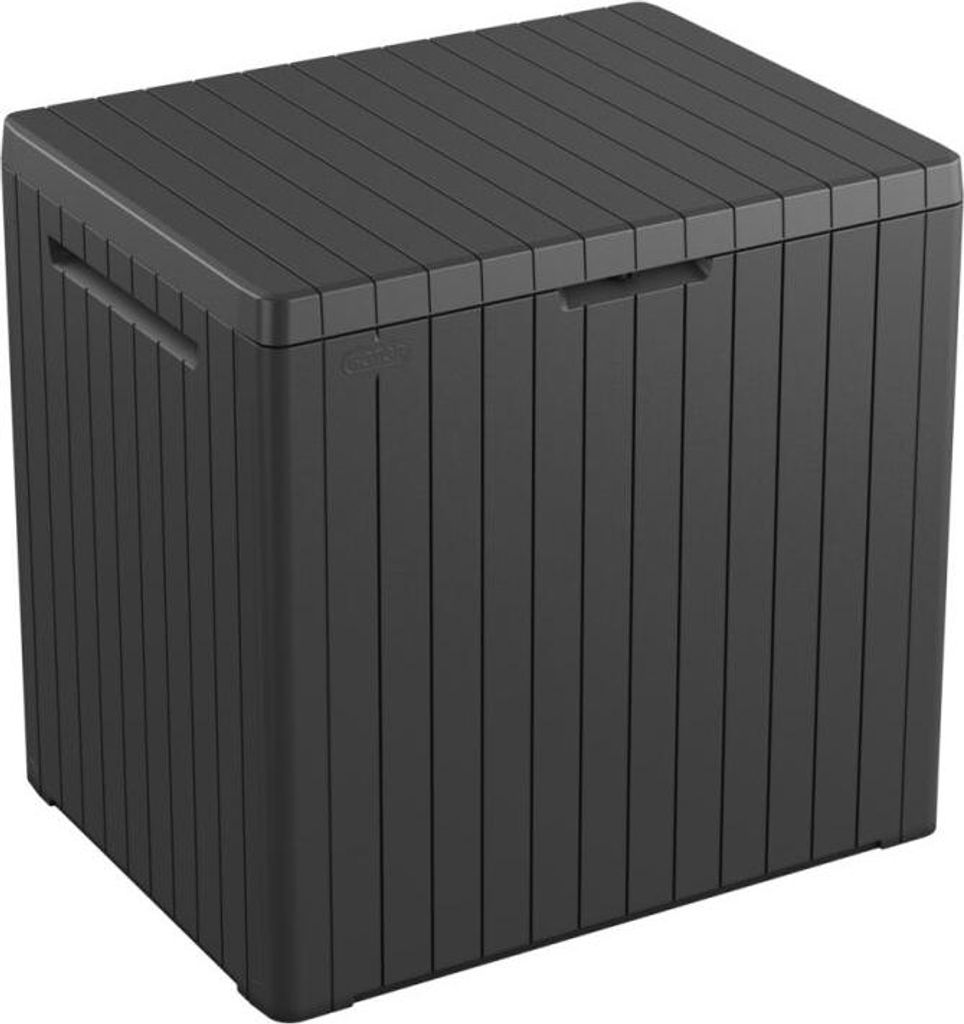 A dark gray storage box with a slatted lid and sides, shown from a three-quarter front angle.