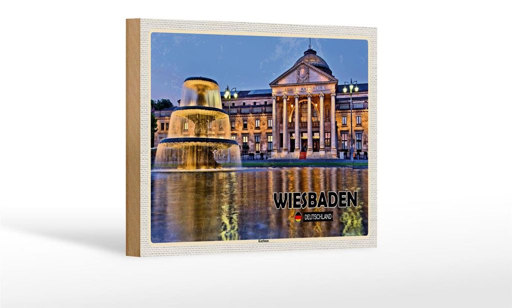 Holzschild Städte Wiesbaden Kurhaus Brunnen Dekoration Produktbild 