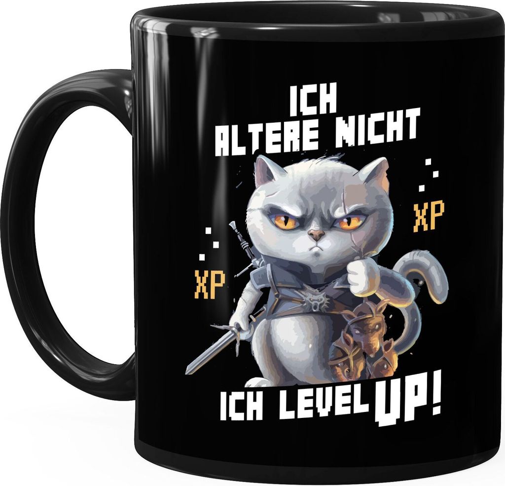 Kaffee-Tasse Gaming ich altere nicht ich level up! Zocker Sprüche Fun-Shirt Katze Cat Videospiele lustig MoonWorks schwarz Keramik-Tasse