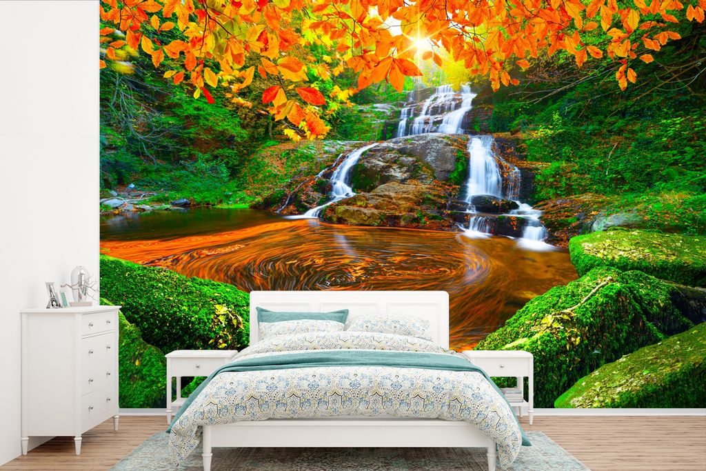 MuchoWow Fototapete für Wohnzimmer oder Schlafzimmer Wandtapete Vinyl Motivtapete Natur - Wasserfall - Steine - Moos - Blätter - Grün - 330x22...