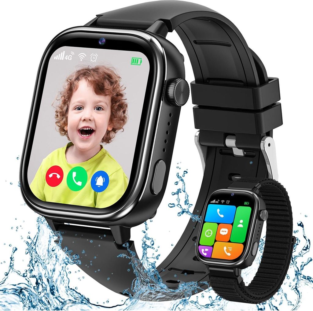 4G Smartwatch für Kinder mit GPS-Tracker und Video Telefonfunktionen, HD Touchscreen, SOS, SIM-Telefon Uhr mit Kamera, Puzzle-Spiele, IP68 Wasserd...