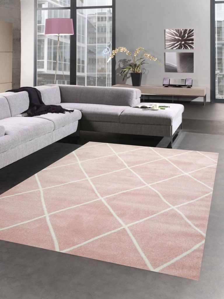 Skandinavischer Teppich Wohnzimmer Rautenmuster Weiß Creme Rosa pflegeleicht Größe - 80 x 300 cm