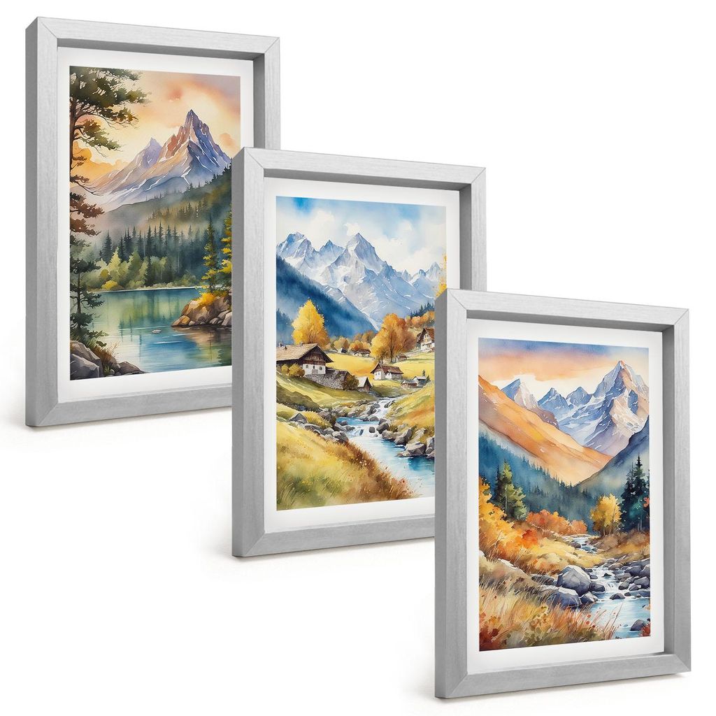 Bilder Set 3-teilig im silbergerahmten Rahmen – Wandbilder 3 Stück – gerahmte Poster für Wohnzimmer, Schlafzimmer und Flur – 20x30 cm – B...