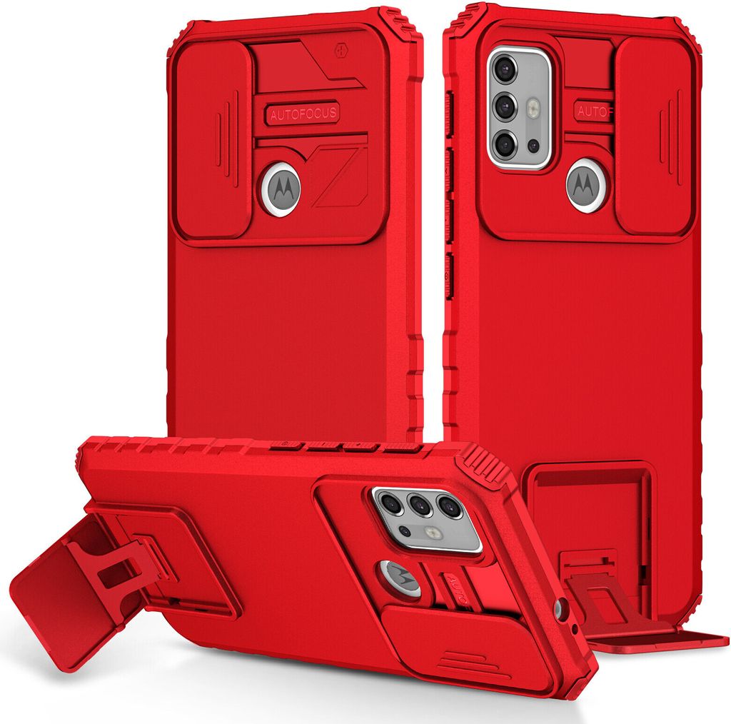 Moto G30 Hülle, Dual Layer Ständer Schutzhülle mit Schiebe Kamera Schutz für Motorola Moto G30 / G10 Rot