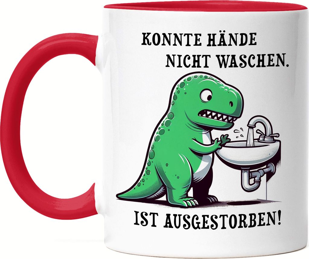 Konnte Hände nicht waschen T-Rex Dinosaurier Tasse Rot Lustige Kurze Arme Dino