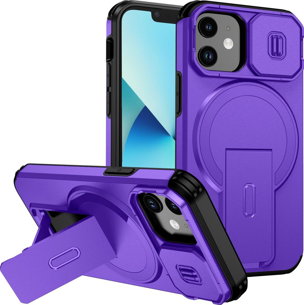 Magnetisch Hülle für iPhone 13 Mini/iPhone 12 Mini, Dual Layer Stoßfest Handyhülle mit Dia Kameraschutz, Verstellbarem Ständer Lila