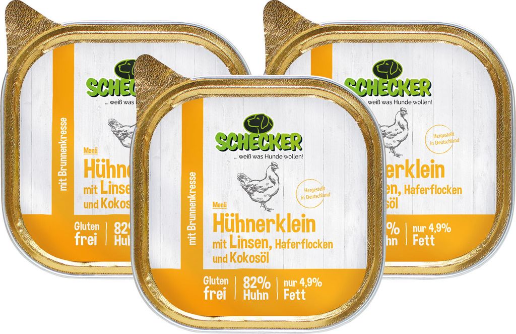 3 x 200 g - Schecker Nassfutter - mit 82% Huhn mit Linsen - Haferflocken - nur 4,9 % Fett