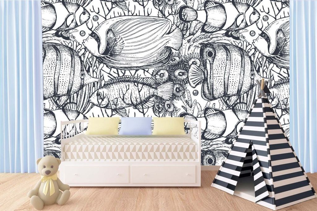Vlies Fototapete EINFARBIGE FISCHE 375 x 250 cm (inkl. Kleister) - Vlies Tapete, Wandtapete, Wandbilder - Tapete für Wohnzimmer Schlafzimmer, Bür...
