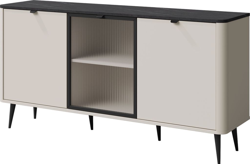 MIRJAN24 Sideboard 2D1W MARLY REG 7, Kommode mit drei Drehtüren, Schwarze Metallfüße (Farbe: Cashmere / Cashmere + Steingrau)