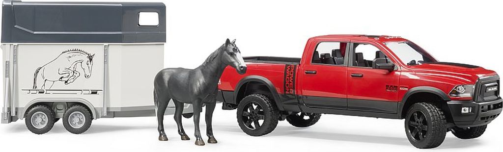 A toy red pickup truck with a trailer and a toy horse.