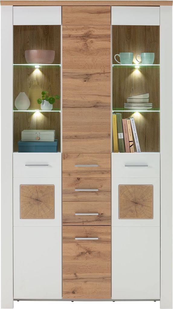 Vitrine - 112 x 202 cm - Weiß supermatt Nachbildung - Eiche Altholz Nachbildung - mit LED-Glaskantenbeleuchtung