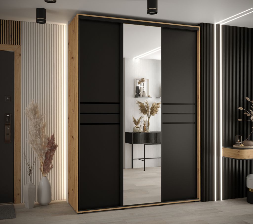 Kleiderschrank YVONA 11 - 170/60 cm, Eiche handwerklich / schwarz / schwarz