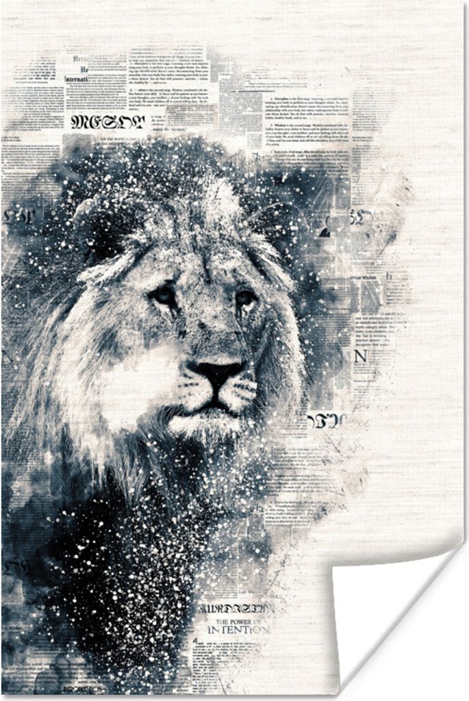 MuchoWow Poster Löwe - Zeitung - Zusammenfassung 120x180 cm - Kunstposter