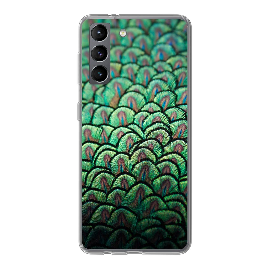 MuchoWow Handyhülle Schutzhülle Hülle für Samsung Galaxy S21 Nahaufnahme des Gefieders eines Pfaus Silikon Softcase Handy Hülle - Softcase