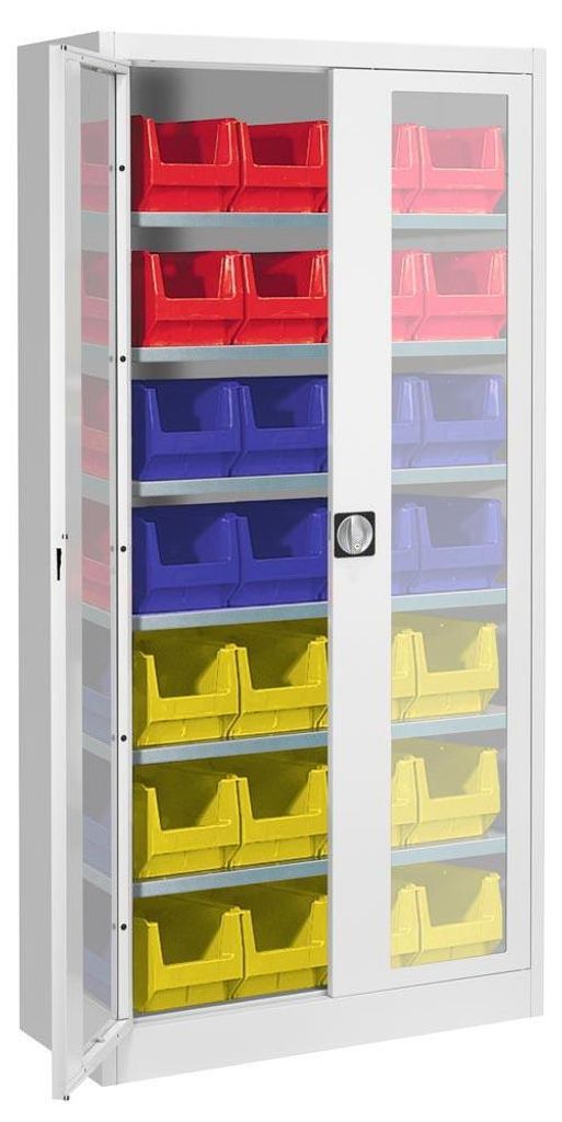 Magazinschrank - Flügeltürenschrank mit Sichtfenster - 8 Fachböden - bestückt mit 36 Sichtlagerkästen - 1950 x 950 x 420 mm (HxBxT) - Farbe re...
