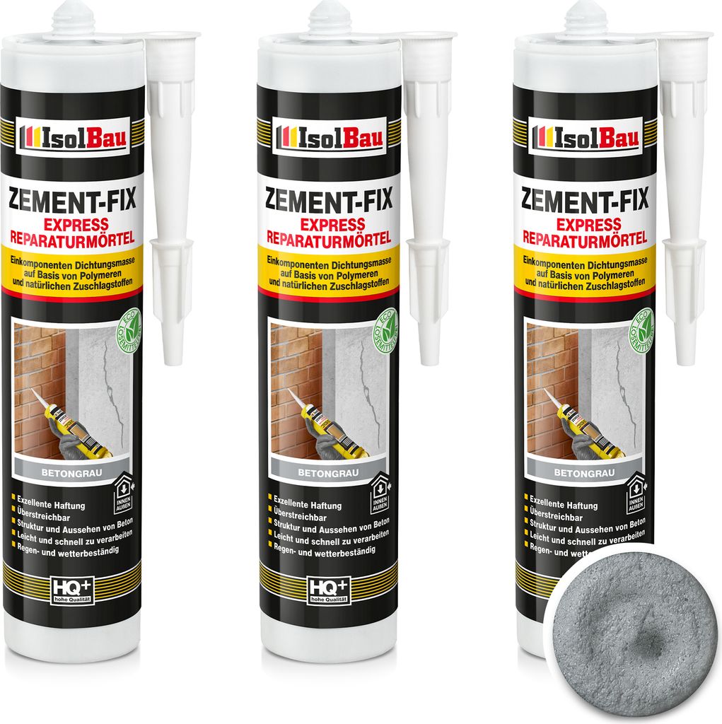 Isolbau Zement-Fix 3 x 300 ml Betongrau Express Reperaturmörtel - Dichtungsmasse für Fugen & Risse im Innen- & Außenbereich, Kartusche