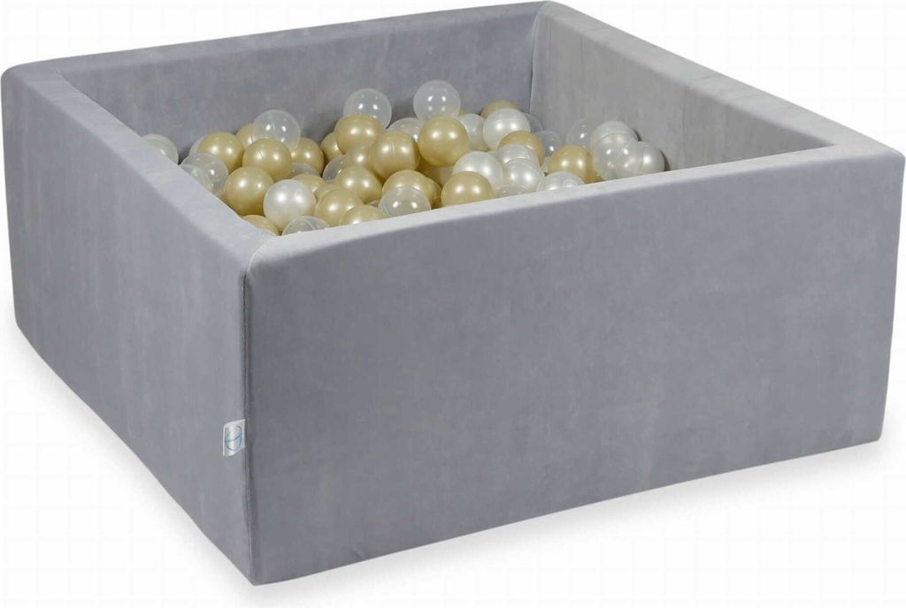 Bällebad 90x90x40cm Velvet Soft Hellgrau – Mit 400 Bällen / transparent, hellgold, perlmutt