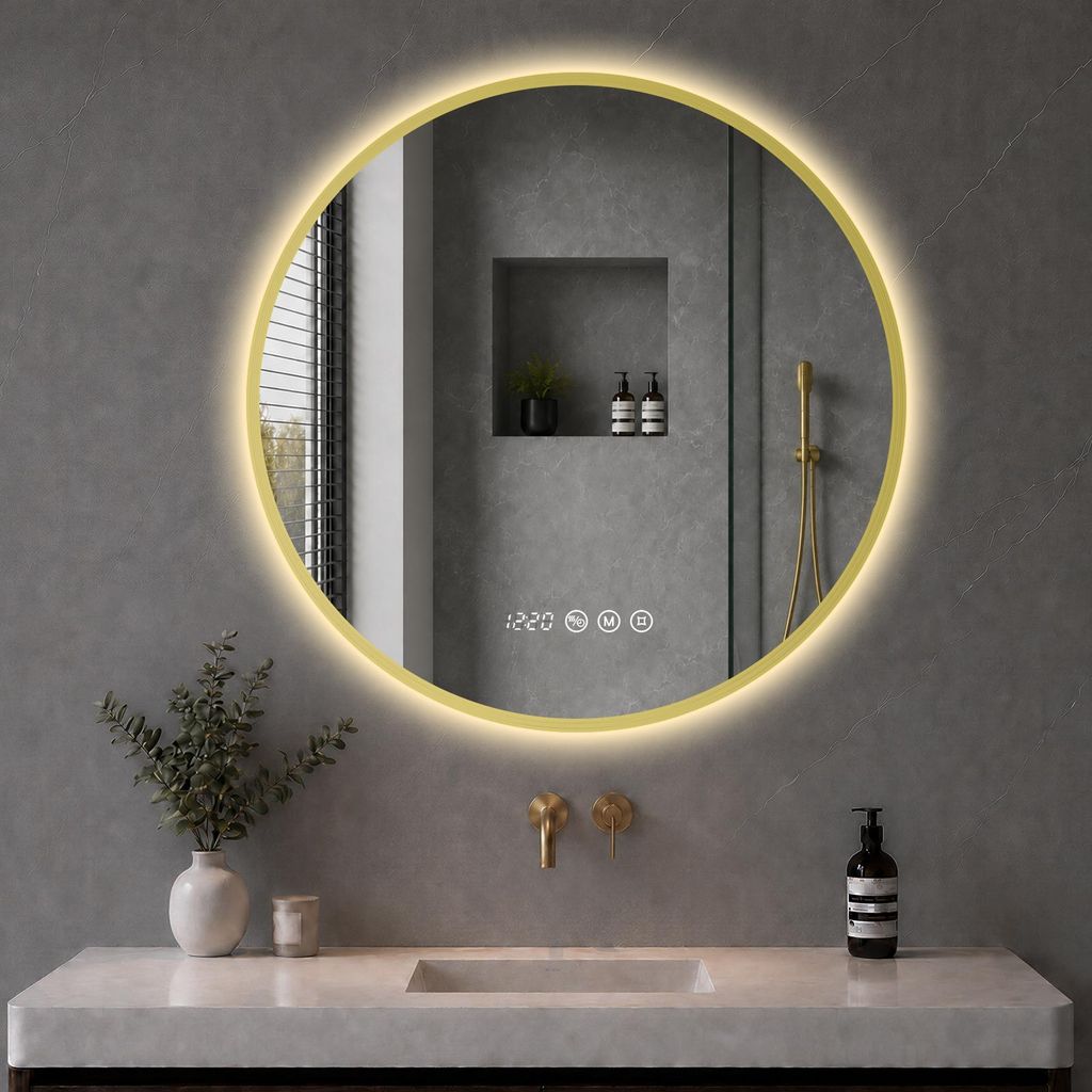 S'AFIELINA LED Badezimmerspiegel Rund Ø70 cm, Goldener Produktbild 