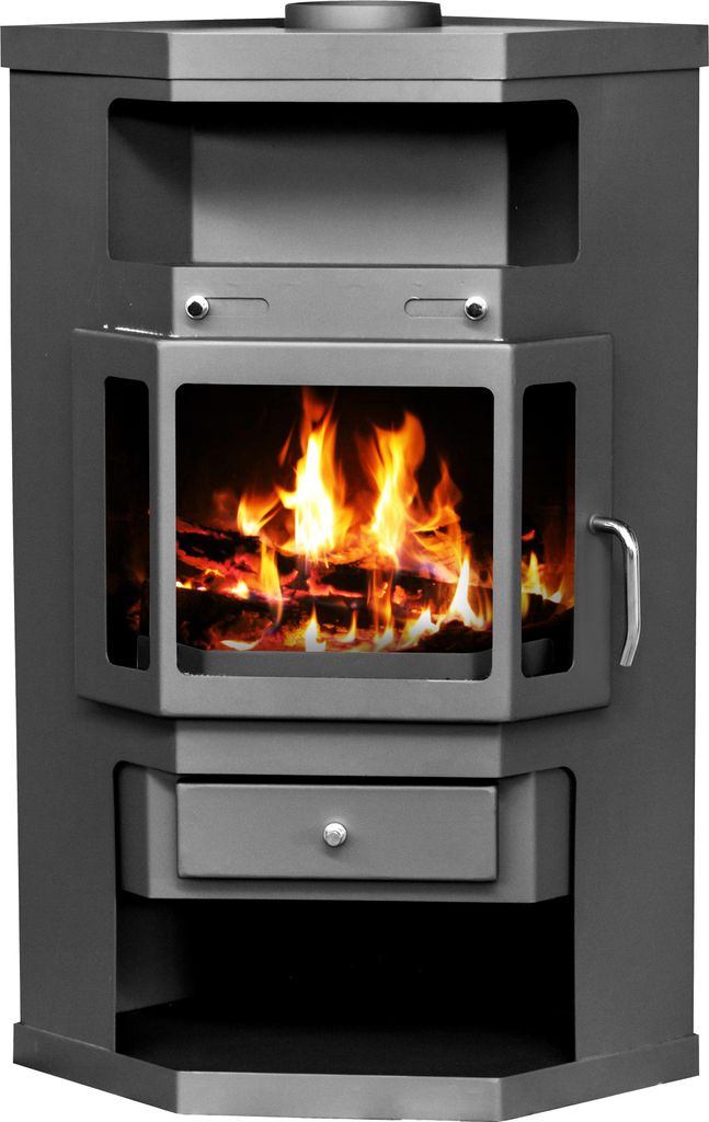 A dark gray corner wood-burning stove with a fire burning inside.