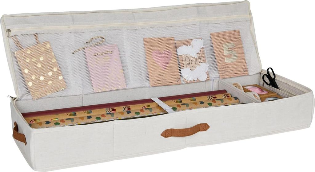 Geschenkpapier Organizer mit Fächern für Bänder - Hochwertige Aufbewahrungstasche für Geschenke - Beige 90 x 30 x 12 cm