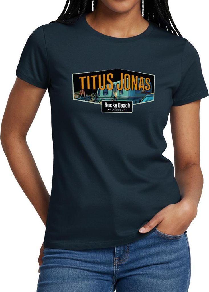 Spreadshirt Die drei Fragezeichen Titus Jonas Wohnwagen Frauen T-Shirt, XXL, Navy