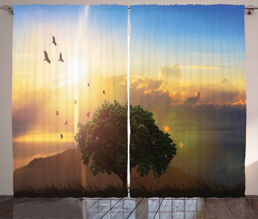 ABAKUHAUS Sommer Rustikaler Gardine, Romantische Fee Sunset View, Schlafzimmer Kräuselband Vorhang mit Schlaufen und Haken, 280 x 225 cm, Mehrfarbig